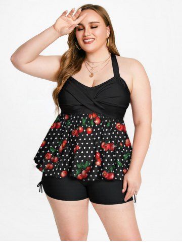 1950s Retro Cherry Dots Print Halter Ruched Cinched Boyleg Tankini Swimsuit - BLACK - 6X