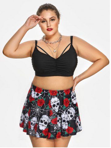 Plus Size Gothic Rose Skulls Printed Ruched Padded Tankini Set Swimsuit - BLACK - L | US 12