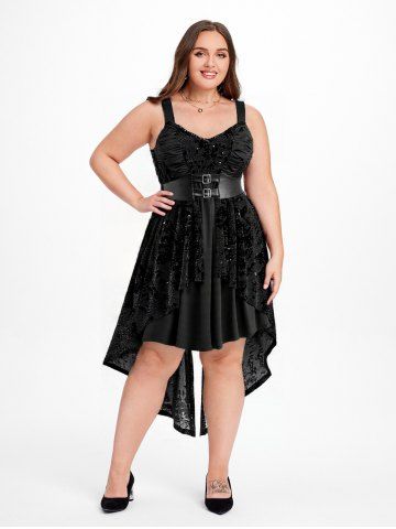 Gothic Plus Size Glitter Floral Flocking Ruched PU Panel Belted Split Layered High Low Asymmetric A Line Tank Dress - BLACK - L | US 12
