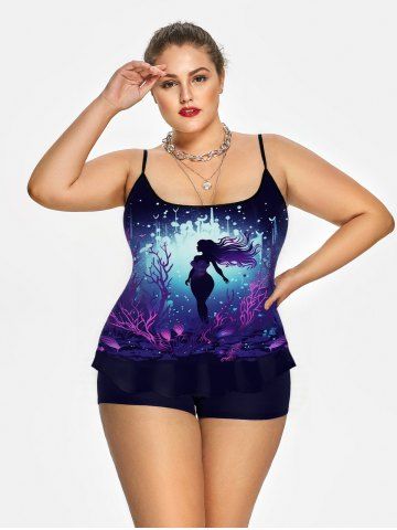 Gothic Mermaid Plant Glitter Print Tankini Swimsuit (Adjustable Shoulder Strap) - DEEP BLUE - XS