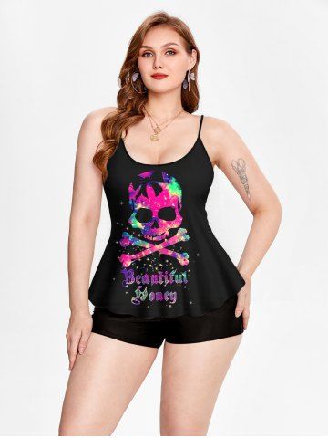 Plus Size Skull Glitter Print Boyshorts Tankini Swimsuit (Adjustable Shoulder Strap)
