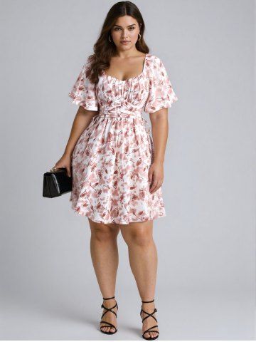 Plus Size Tie Dye Flowers Leaf Print Ruched Cinched Pockets Milkmaid Dress - LIGHT PINK - L | US 12