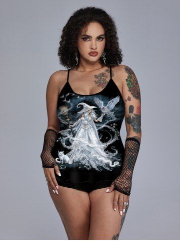 Cat Wizard Eagle Broom Glitter Printed Padded Boyleg Tankini Swimsuit (Adjustable Shoulder Strap) - BLACK - 2X