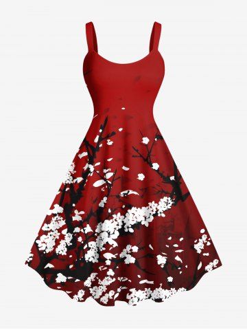 Plus Size Plum Bossom Flower Print Hawaii Tank Dress - RED - L