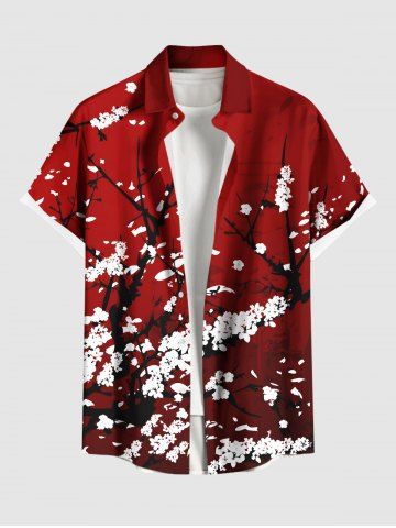 Plus Size Plum Bossom Flower Print Buttons Pocket Hawaii Shirt For Men - RED - XL