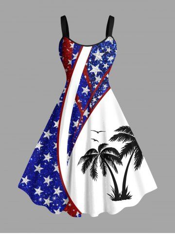 Plus Size Patriotic American Flag Coconut Tree Print Hawaii Tank Dress - BLUE - L