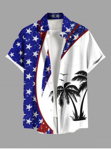 Plus Size Patriotic American Flag Coconut Tree Print Buttons Pocket Hawaii Shirt For Men - BLUE - XL