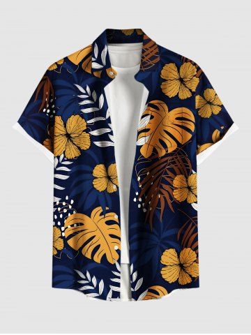 Plus Size Tropical Leaf Branch Flower Print Hawaii Button Pocket Shirt For Men - DEEP BLUE - S