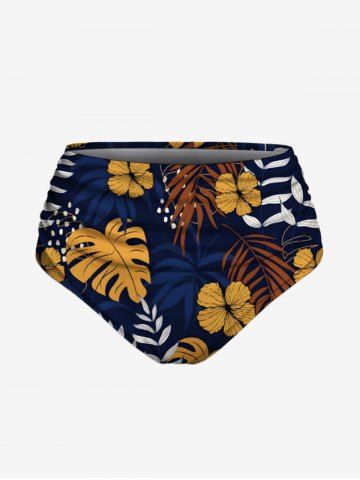 Tropical Leaves Branch Floral Print Hawaii Swim Bottom - DEEP BLUE - 3X
