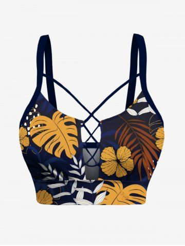 Tropical Leaves Branch Floral Print Hawaii Lace Up Tankini Top(Adjustable Shoulder Strap) - DEEP BLUE - L