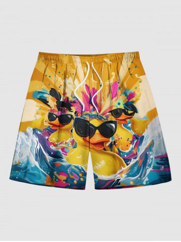 Plus Size Ducks Feather Sea Waves Paint Splatter Print Hawaii Beach Shorts For Men - YELLOW - 8XL