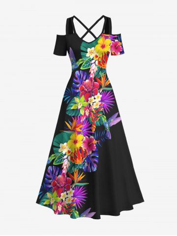 Plus Size Tropical Leaf Hibiscus Flower Bird Print Cold Shoulder Crisscross Hawaii Maxi Dress - BLACK - XXS