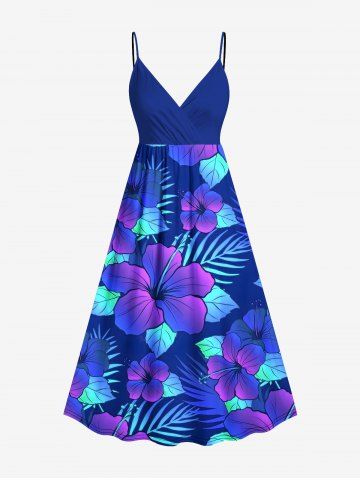 Plus Size Ombre Tropical Leaves Hibiscus Floral Print Hawaii Surplice A Line Cami Dress - BLUE - 6X
