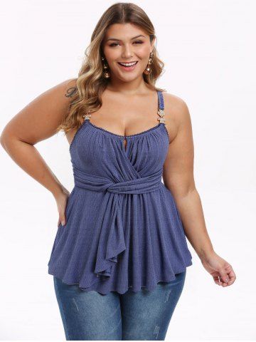 Plus Size Surplice Ruched Leaf Buckle Lace Trim Lettuce Hem Ribbed Textured Tank Top - BLUE - 5X | US 30-32