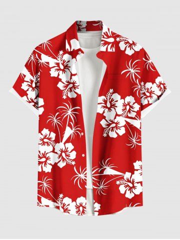 Plus Size Coconut Tree Hibiscus Floral Two Tone Print Hawaii Button Pocket Shirt For Men - RED - 4XL