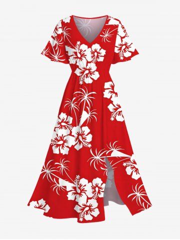 Plus Size Coconut Tree Hibiscus Floral Two Tone Print Hawaii Split Pocket A Line Midi Dress - RED - XXS