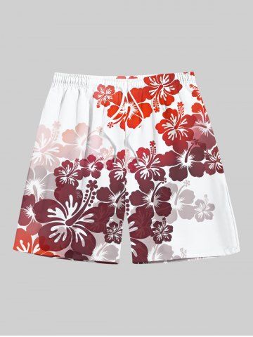 Plus Size Hibiscus Flowers Print Hawaii Beach Shorts For Men - RED - L