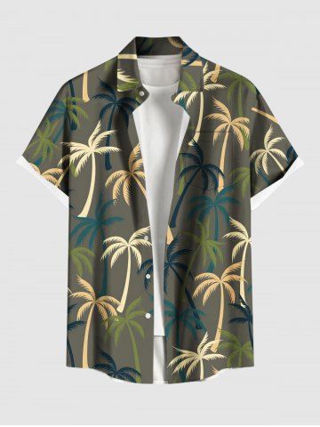 Plus Size Coconut Tree Print Buttons Pocket Hawaii Shirt For Men - GREEN - 6XL