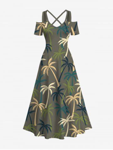 Plus Size Coconut Tree Print Cold Shoulder Crisscross Hawaii Maxi Dress - GREEN - 2X
