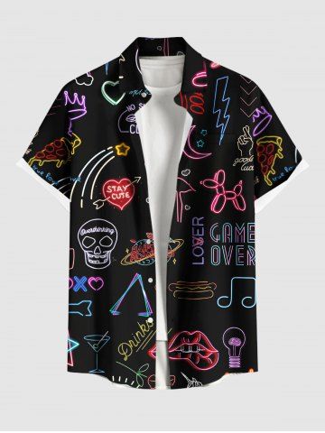 Plus Size Skull Heart Star Rainbow Flamingo Print Buttons Pocket Hawaii Shirt For Men - BLACK - M