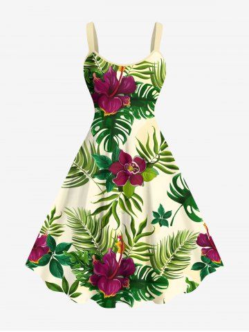Plus Size Tropical Leaf Flower Print Hawaii A Line Tank Dress - GREEN - 2X