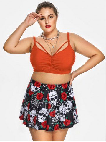 Plus Size Gothic Rose Skulls Printed Ruched Padded Tankini Set Swimsuit - ORANGE - 3X | US 22-24