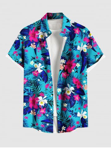 Plus Size Tropical Leaf Hbiscus Flowers Print Buttons Pocket Hawaii Shirt For Men