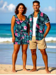 Ensemble chemise et barboteuse hawaïennes assorties, grande taille, tenue de plage, imprimé feuilles tropicales et hibiscus, pour couples - Vert 