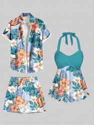 Maillot de bain court imprimé feuilles tropicales et fleurs d'hibiscus, grande taille, tenue de plage hawaïenne assortie pour couples - Vert 