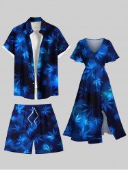 Tenue de plage hawaïenne assortie grande taille à imprimé feuilles d'érable ombré pour couples - Bleu de Minuit 