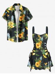 Tenue de plage hawaïenne assortie à imprimé feuilles tropicales, hibiscus, fleurs et ananas pour couples - Noir 