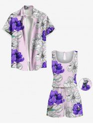 Ensemble chemise et barboteuse hawaïennes assorties, grande taille, tenue de plage à imprimé floral bicolore pour couples - Violet clair 