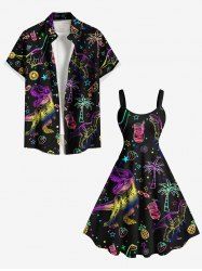 Colorful Ombre Dinosaur Coconut Tree Pineapple Juice Strawberry Print Plus Size Matching Hawaii Beach Outfit For Couples -  