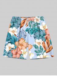 Plus Size Tropical Leaves Floral Print Hawaii Drawstring Beach Shorts For Men -  