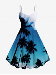 Robe débardeur hawaïenne trapèze grande taille à imprimé cocotiers, ciel et nuages - Bleu 2X