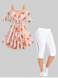 Rose Print Surplice Split Tulip Hem 2 In 1 Tank Top and Lace Up Side Capri Pants Plus Size Outfit -  