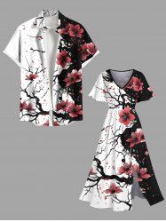 Peinture à l'encre, imprimé de branches de fleurs de pêcher, grande taille, tenue de plage hawaïenne assortie pour couples - Noir 