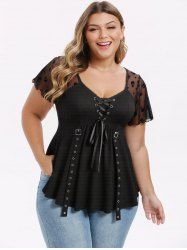 Plus Size Skulls Stars Mesh Flocking Sleeves Lace Up Grommet Buckle Straps Crinkle Top -  