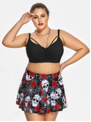 Plus Size Gothic Rose Skulls Printed Ruched Padded Tankini Set Swimsuit -  