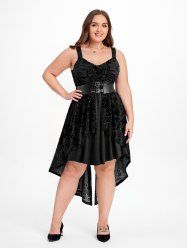 Gothic Plus Size Glitter Floral Flocking Ruched PU Panel Belted Split Layered High Low Asymmetric A Line Tank Dress -  