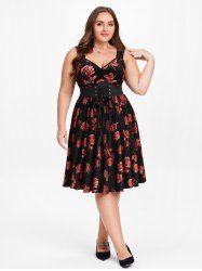 Plus Size Glitter Rose Flower Gilding Lace Up Pocket A Line Velvet Tank Cottagecore Dress -  