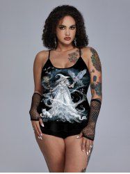 Cat Wizard Eagle Broom Glitter Printed Padded Boyleg Tankini Swimsuit (Adjustable Shoulder Strap) -  