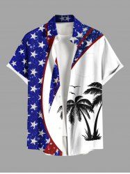 Plus Size Patriotic American Flag Coconut Tree Print Buttons Pocket Hawaii Shirt For Men -  