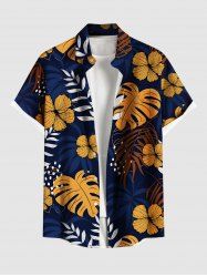 Plus Size Tropical Leaf Branch Flower Print Hawaii Button Pocket Shirt For Men -  
