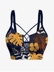 Haut de tankini hawaïen à lacets, imprimé floral, branches et feuilles tropicales (bretelles réglables) - Bleu profond 4X
