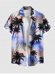 Chemise hawaïenne grande taille à imprimé cocotiers, feuilles tropicales et ciel ombré, avec poches boutonnées, pour homme - Bleu L