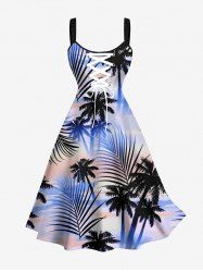 Plus Size Coconut Tree Ombre Sky Tropical Leaves Print Hawaii Lace Up A Line Tank Dress -  