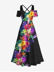 Robe longue hawaïenne grande taille à imprimé feuilles tropicales, hibiscus, fleurs et oiseaux, épaules dénudées et croisée - Noir 1X