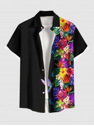 Plus Size Tropical Leaf Hibiscus Flower Bird Print Buttons Pocket Hawaii Shirt For Men -  