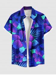 Plus Size Ombre Tropical Leaves Hibiscus Floral Print Hawaii Button Pocket Shirt For Men -  